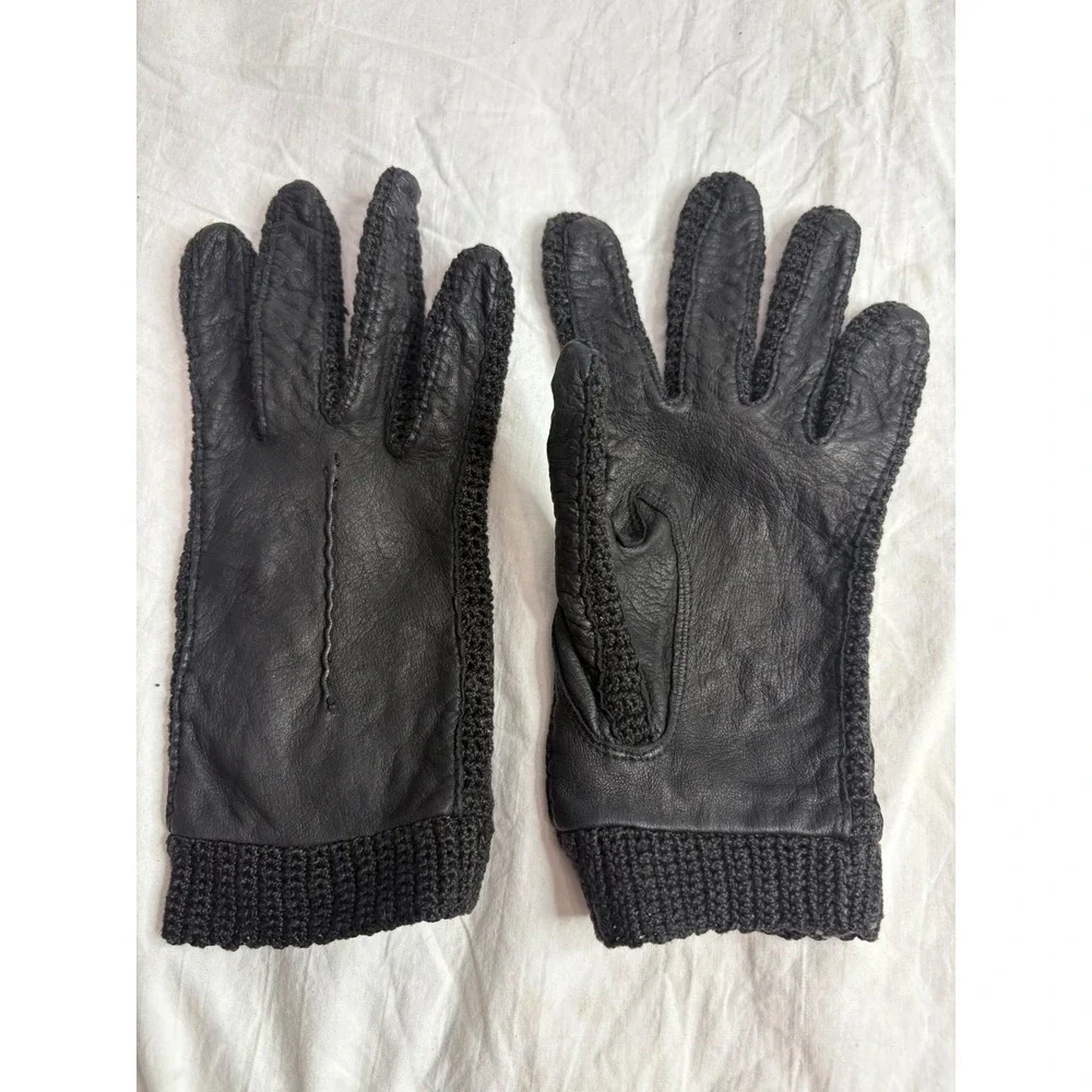 Vintage Black Leather Crochet Knit Gloves Womens Driving